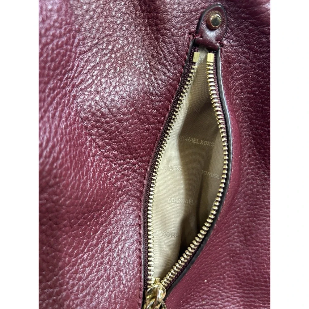 Michael Kors Burgundy Pebbled Shoulder Bag Gold Hardware Zip Inner Pockets